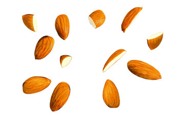 almond dry fruit flying isolated cutout in transparent background,png format