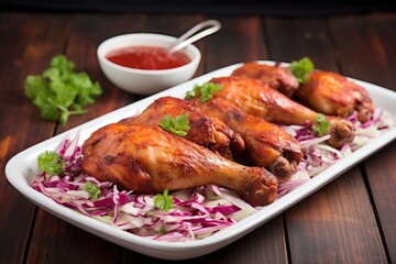 a platter of bbq chicken drumsticks with a side of slaw