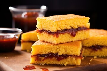bbq cornbread cut and stacked like sandwiches