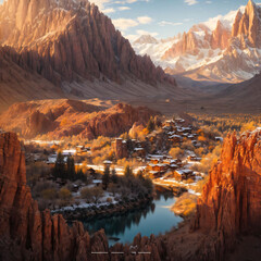 village winter mountain lake red cliffs lush autumn Generative AI