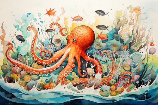 Tintenfisch, Krake - Wasserfarben, zeichnung, bunt