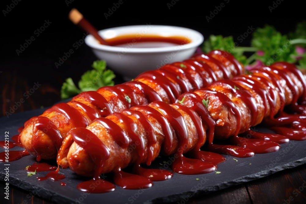 Canvas Prints sausages with bbq sauce drizzled over them