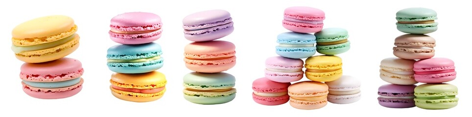 Fototapeta na wymiar Macaroon Macaron, Pastel collection, group stack tower front view on transparent background cutout, PNG file. Many assorted different colours. Mockup template for artwork