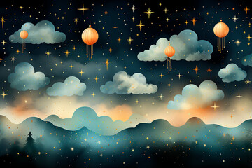 Seamless watercolor pattern in boho style with small stars, clouds and balloons at night sky. Gouache, paper texture.