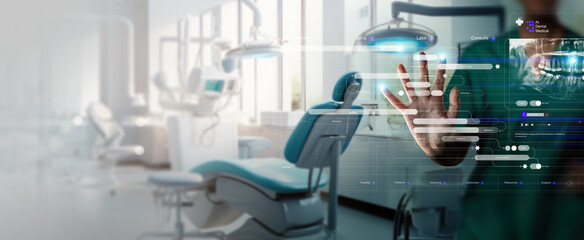 Dentist interacting with patient, use VR computer filling out charts schedule management for treatment with Ai technology for innovate different treatments,dental practices specifically. - obrazy, fototapety, plakaty