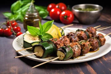 bbq meatball skewers alongside grilled zucchini and eggplant
