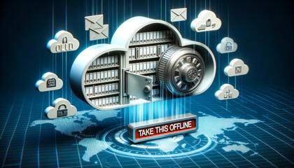 Digital cloud storage system, files and folders flying around. As users access information, a secure vault door appears with the label Take this Offline, emphasizing the safeguarding of sensitive data - obrazy, fototapety, plakaty