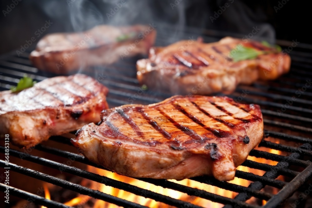 Wall mural pork chops on a bbq grill with smoke rising