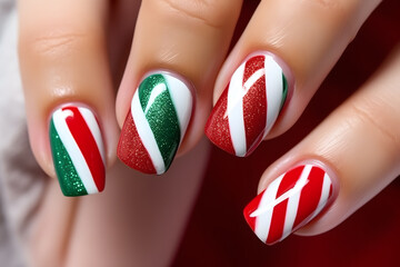 Woman's fingernails with striped green, red and gold colored nail polish with seasonal Christmas themed design. - obrazy, fototapety, plakaty