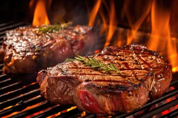 Selbstklebende Fototapeten sizzling steaks on a hot bbq grill © Alfazet Chronicles