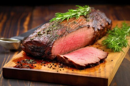 juicy smoked beef tri-tip on a board