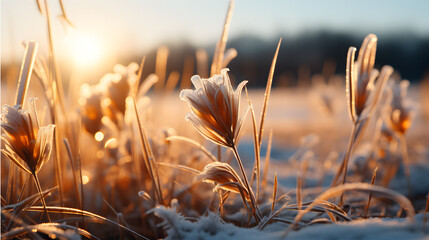 Close up portrait of a cold frosty grass field in a beautiful morning of winter, tree line and lake in background - obrazy, fototapety, plakaty