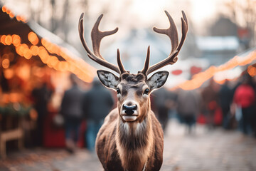 Cute reindeer with blurry Christmas market in background