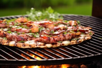 bbq pizza with thinly sliced meat on a hot grill