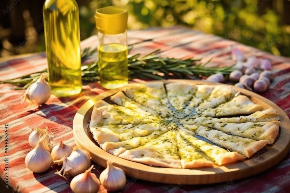 Poster cloves of garlic and olive oil near the bbq pizza