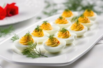 Obraz na płótnie Canvas deviled eggs on a white rectangular platter