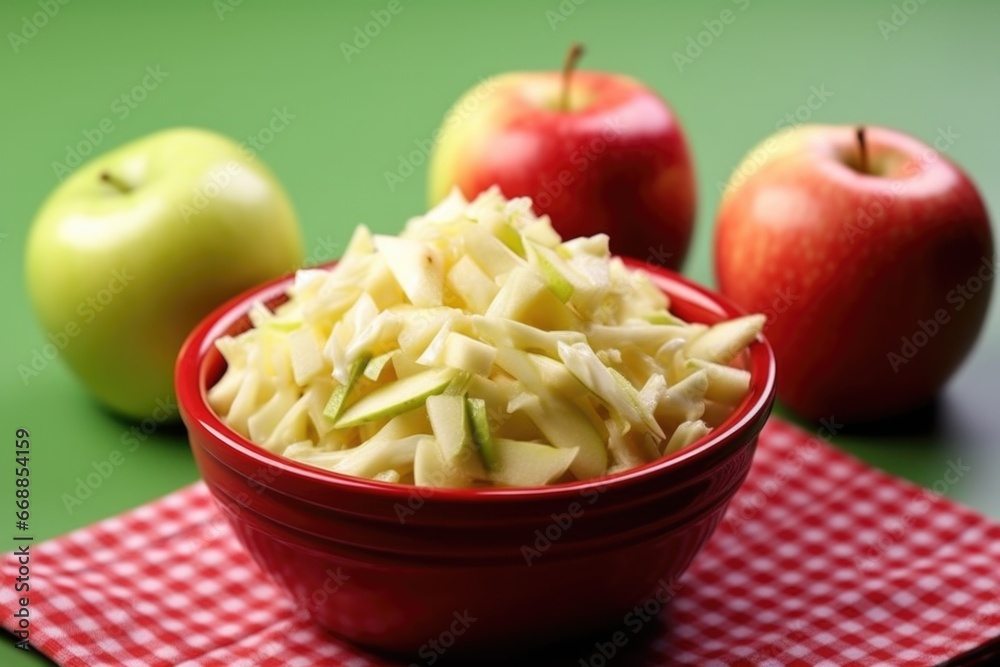 Sticker a bowl of apple coleslaw against a green backdrop