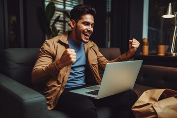 Handsome young latino man smiling and rejoicing after success. Happy man celebrating business success on sofa in living room with computer.