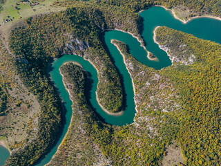 Top view on meanders at rocky river