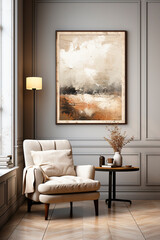 interior in beige shades, abstract art painting in vintage style on the wall.
