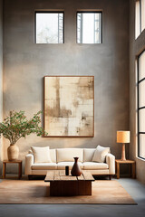 Loft interior in beige shades, abstract art painting in vintage style on the wall.