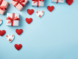 Valentine's Day background, Gifts, confetti on pastel blue background. Generative Ai