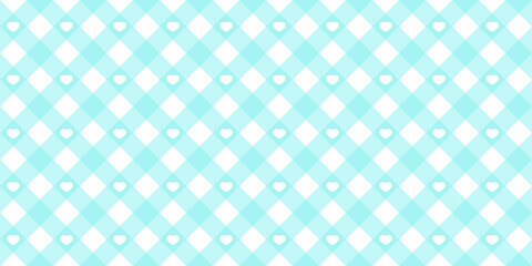 Gingham heart diagonal seamless pattern in blue pastel color. Vichy plaid design for Easter holiday textile decorative. Vector checkered pattern for fabric - picnic blanket, tablecloth, dress, napkin.