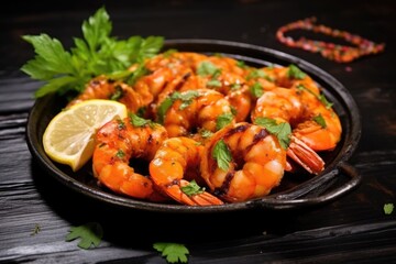 bbq spiced shrimps garnished with fresh herbs