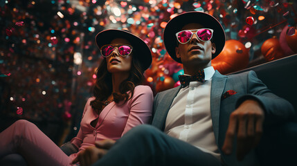 Couple at New Year’s Eve party - confetti - stylish dress - hats - sunglasses - low angle shot 