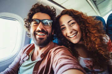 Happy latino tourist couple taking a selfie inside an airplane. Positive young couple on a vacation taking a selfie in a plane before takeoff. - obrazy, fototapety, plakaty
