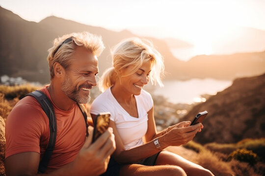 man and a woman are relaxing while jogging in the mountains, holding phones and surfing the Internet and social networks