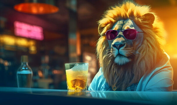 Lion in sunglasses with a drink sitting at the bar.