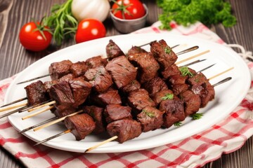 beef skewers laid on a ceramic plate with a cotton napkin
