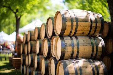 handcrafted beer barrels stacked up at an outdoor event