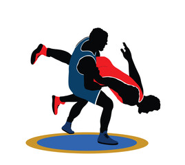 Wrestlers match competition, sports man wrestling vector silhouette illustration isolated on white. Gymnastic martial art. Fighter self defense skills. Wrestler game duel Greek Roman style of fight. - obrazy, fototapety, plakaty