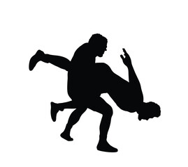 Fototapeta na wymiar Wrestlers match competition, sports man wrestling vector silhouette illustration isolated on white. Gymnastic martial art. Fighter self defense skills. Wrestler game duel Greek Roman style of fight.