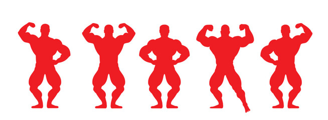 Muscular bodybuilder vector silhouette illustration isolated on white background. Sport man strong arms. Body builder athlete showing muscles. Boy with muscular body pose exhibition in competition. - obrazy, fototapety, plakaty