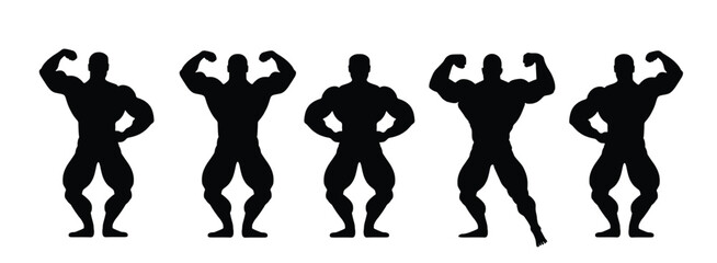 Muscular bodybuilder vector silhouette illustration isolated on white background. Sport man strong arms. Body builder athlete showing muscles. Boy with muscular body pose exhibition in competition. - obrazy, fototapety, plakaty