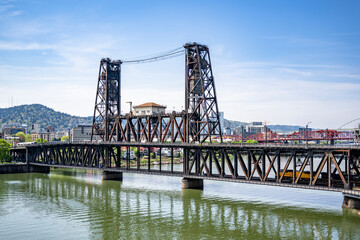 Truss Hawthorne Lift Bridge across Willamette River in Portland Oregon Down Town