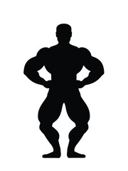 Muscular bodybuilder vector silhouette illustration isolated on white background. Sport man strong arms. Body builder athlete showing muscles. Boy with muscular body pose exhibition in competition.
