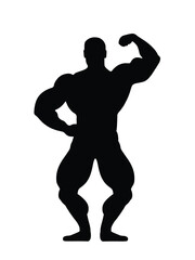 Fototapeta na wymiar Muscular bodybuilder vector silhouette illustration isolated on white background. Sport man strong arms. Body builder athlete showing muscles. Boy with muscular body pose exhibition in competition.