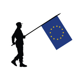 Europe Union patriot soldier with flag defends country vector silhouette illustration isolated. EU flag warrior on duty protect borders. Anti conflict. Military war action. Soldier ceremonial parade.