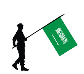 United Arab Emirates patriot soldier with flag defends country vector silhouette illustration isolated. UAE flag warrior on duty protect borders. Anti conflict. Military war action in Middle East