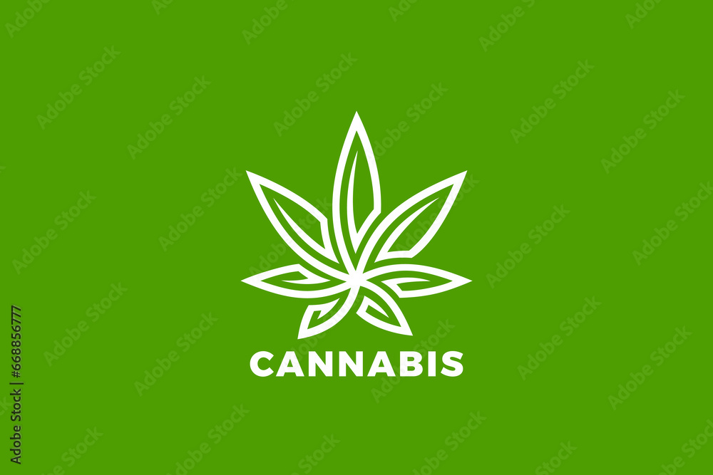 Poster cbd cannabis leaves logo abstract design vector template linear outline style.