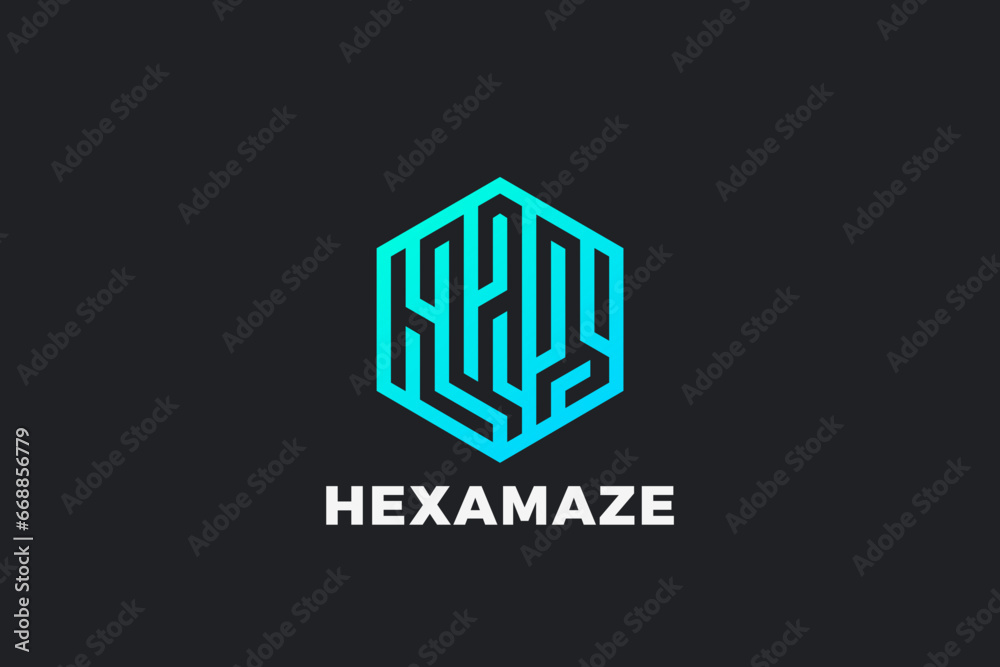 Aufkleber hexagon logo technology abstract design vector. communication network geometric labyrinth fingerprin
