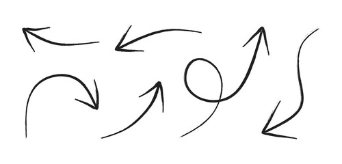 Set of Hand drawn vector arrows. Collection of curved arrows in different directions isolated on white background. Direction pointers in curved and wavy brush strokes with scratches. Vector