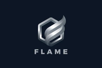 Hexagon Flame Logo Metal Steel Design 3D style Vector. Elegant Luxury Financial Logotype Metallic icon.