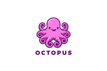 Octopus Logo Funny Happy Kraken Seafood Restaurant Zoo Vector Design Concept.