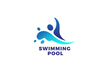 Swimming Pool Logo Design Vector template. Man Swim in Water Splash Logotype concept icon.