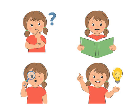 Girl kid thinks, reads a textbook, looks through a magnifying glass, finds an answer or an idea. Knowledge and education concept. Set of vector illustrations for children's design or school.